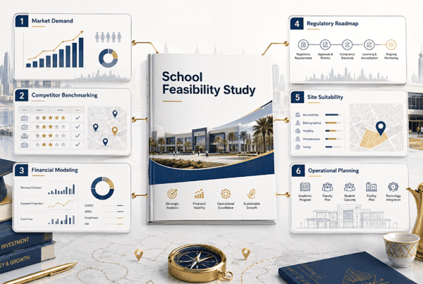 School feasibility study GCC process covering market demand, financial modeling, licensing, site review, and operations