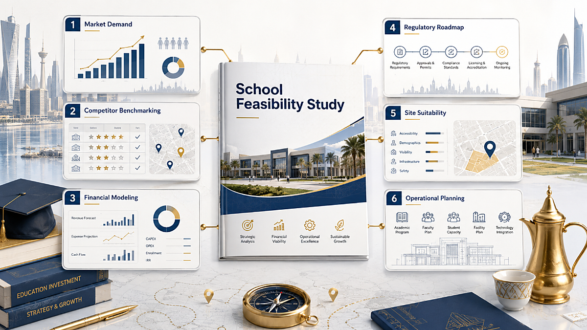 School feasibility study GCC process covering market demand, financial modeling, licensing, site review, and operations